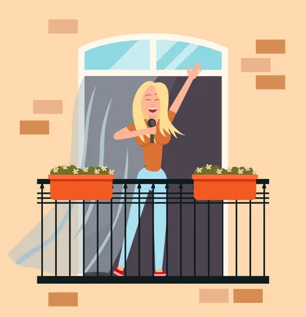 Mädchen singt auf dem Balkon  Illustration