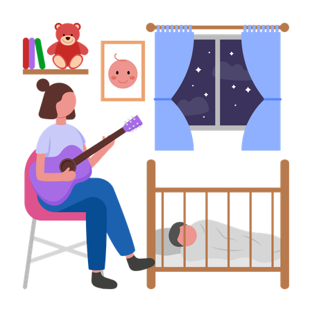 Mädchen singt Lied für Baby zum Einschlafen  Illustration