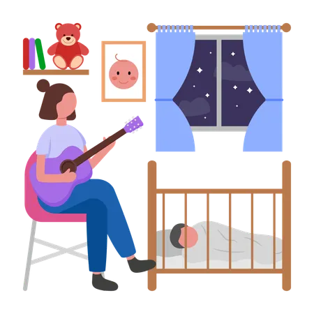 Mädchen singt Lied für Baby zum Einschlafen  Illustration