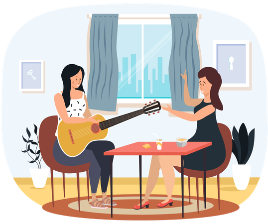 Mädchen singt Lied und spielt Gitarre  Illustration