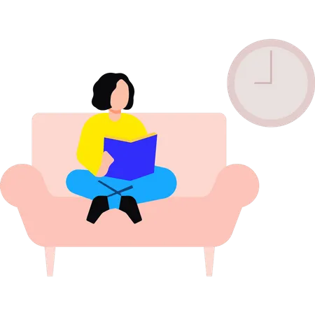 Mädchen das auf dem Sofa liest ein Buch sitzt  Illustration