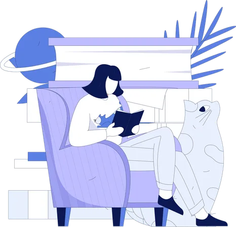 Mädchen sitzt auf der Couch und liest ein Buch  Illustration