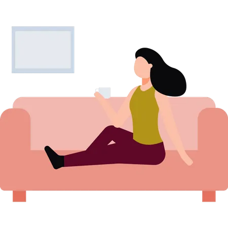 Mädchen sitzt auf der Couch und trinkt Tee  Illustration