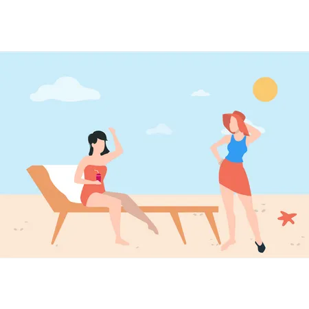 Mädchen sitzt auf Liegestuhl und genießt den Strand  Illustration