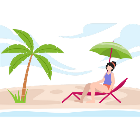 Mädchen sitzt auf einem Stuhl und genießt den Blick auf den Strand  Illustration