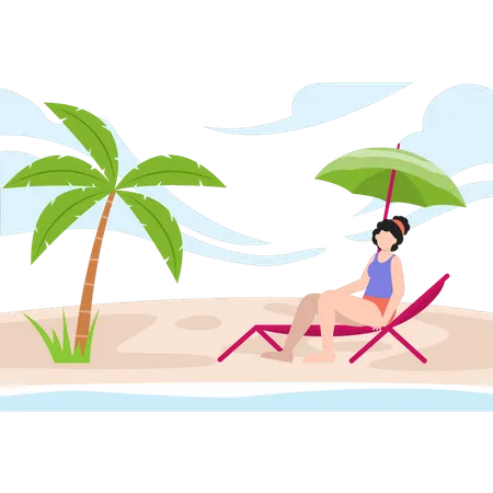 Mädchen sitzt auf einem Stuhl und genießt den Blick auf den Strand  Illustration