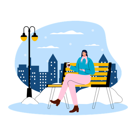 Mädchen sitzt auf Bank und genießt den Winter bei heißem Kaffee  Illustration