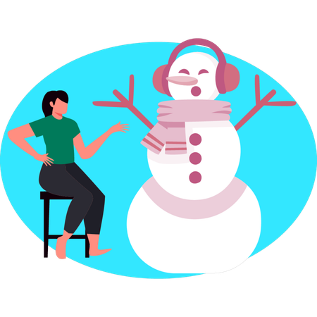 Mädchen sitzt auf Stuhl und schaut Winter Iceman  Illustration