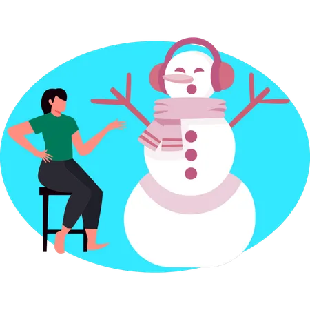 Mädchen sitzt auf Stuhl und schaut Winter Iceman  Illustration