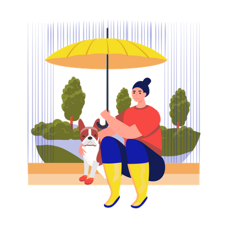 Mädchen sitzt mit ihrem Hund im Park  Illustration