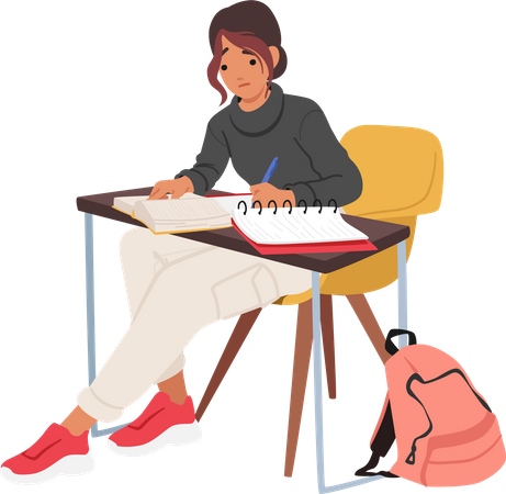Mädchen sitzt am Schreibtisch mit Papieren und liest fleißig Lehrbuch  Illustration
