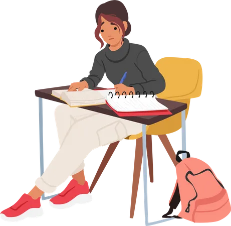 Mädchen sitzt am Schreibtisch mit Papieren und liest fleißig Lehrbuch  Illustration