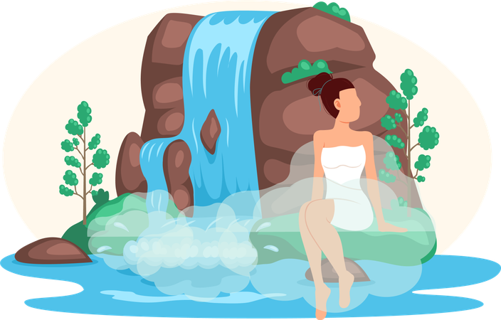 Mädchen sitzt in der Nähe von Wasserfall  Illustration