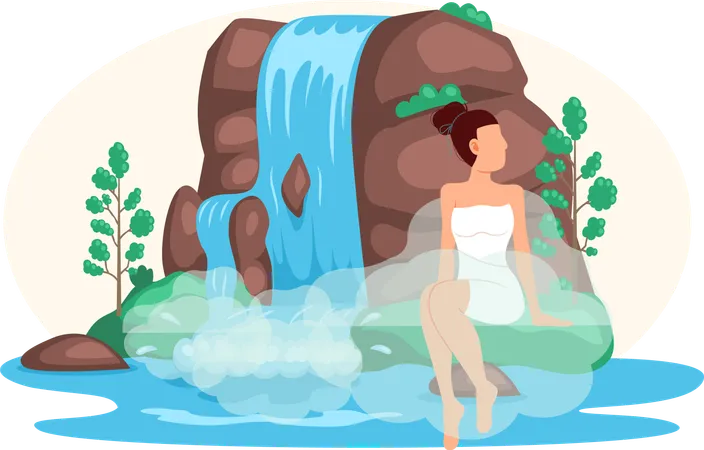 Mädchen sitzt in der Nähe von Wasserfall  Illustration