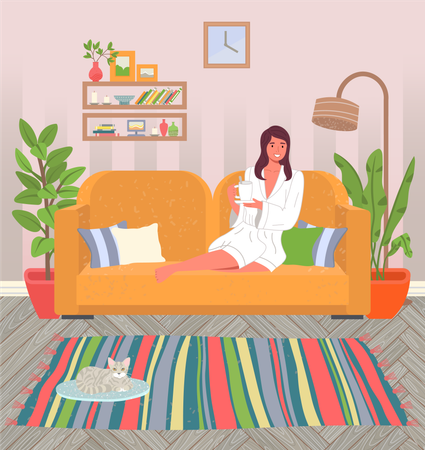 Mädchen sitzt zu Hause auf der Couch  Illustration