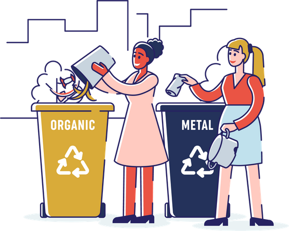 Mädchen sortieren organischen und metallischen Müll und werfen den Müll in entsprechende Recyclingbehälter  Illustration