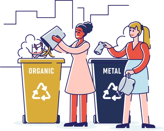 Mädchen sortieren organischen und metallischen Müll und werfen den Müll in entsprechende Recyclingbehälter  Illustration