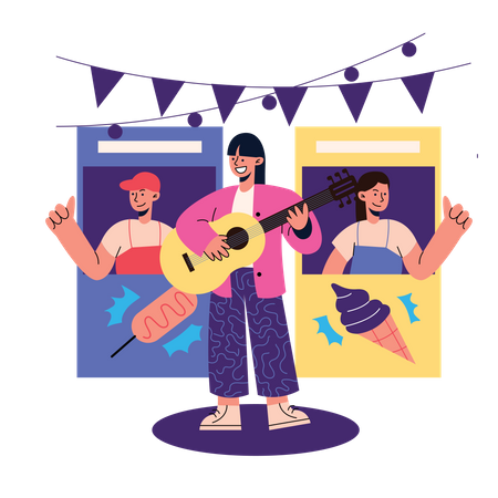Mädchen spielen Gitarre beim Musikfestival  Illustration