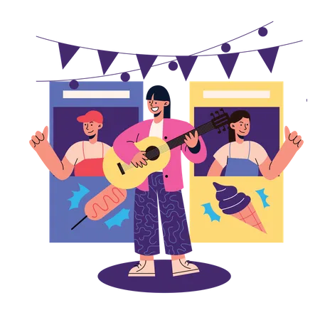 Mädchen spielen Gitarre beim Musikfestival  Illustration