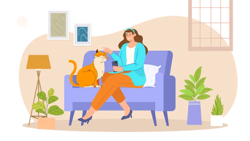 Mädchen spielt mit Hauskatze  Illustration