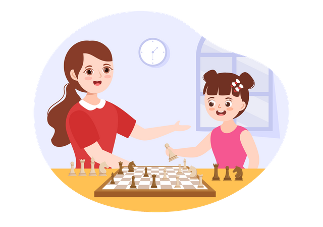 Mädchen spielt Schachbrettspiel mit Mutter  Illustration