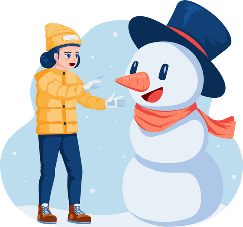 Mädchen spielt mit einem Schneemann an Weihnachten  Illustration