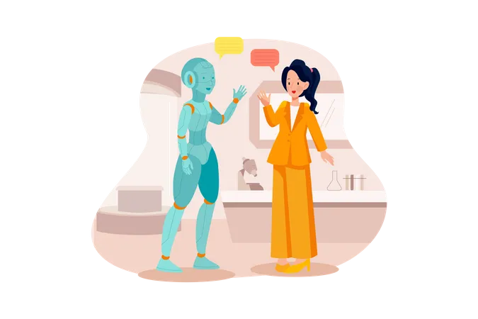 Mädchen im Gespräch mit einem künstlichen Bot  Illustration