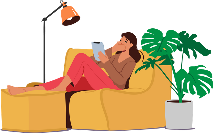 Mädchen, das online spricht, während sie auf der Couch sitzt  Illustration