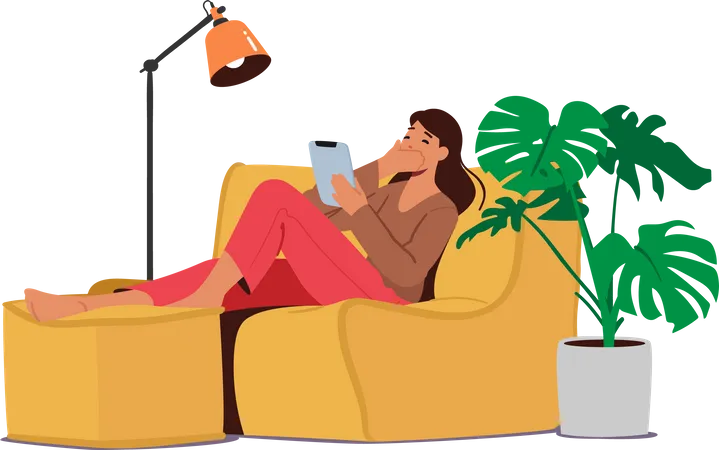 Mädchen, das online spricht, während sie auf der Couch sitzt  Illustration