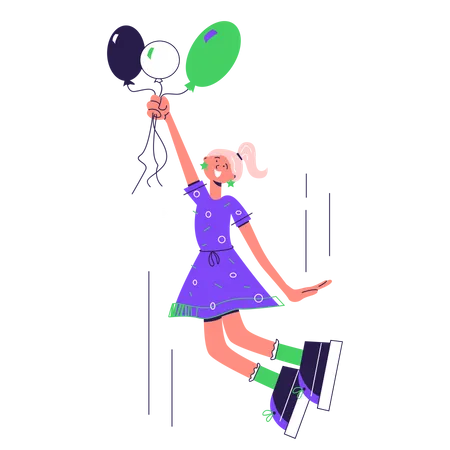 Mädchen springt mit Luftballons  Illustration