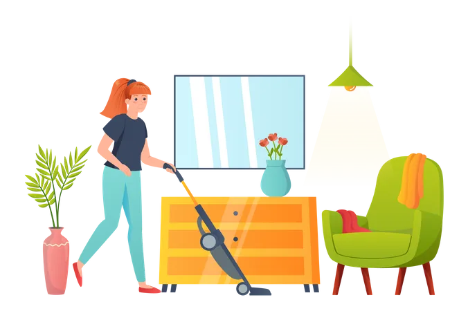 Mädchen saugt den Boden zu Hause  Illustration