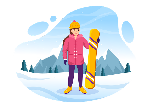 Mädchen steht mit Snowboard  Illustration