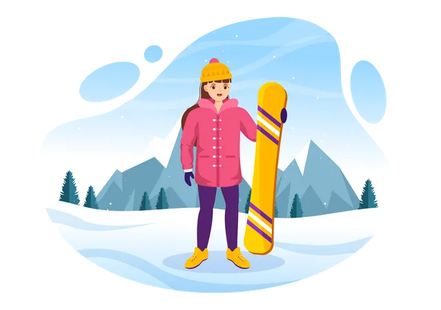 Mädchen steht mit Snowboard  Illustration