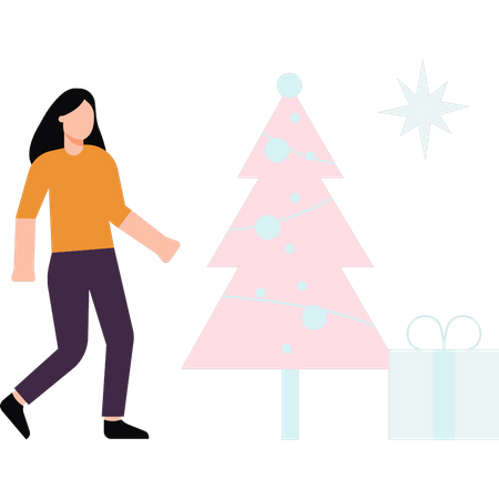 Mädchen steht mit Weihnachtsbaum und Geschenk  Illustration