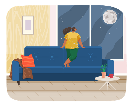 Mädchen steht am Fenster und schaut auf den Mond  Illustration