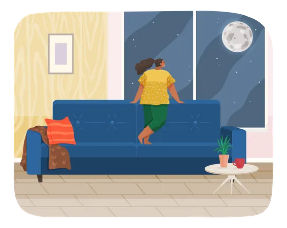 Mädchen steht am Fenster und schaut auf den Mond  Illustration