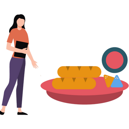 Mädchen steht in der Nähe von traditionellem Essen  Illustration