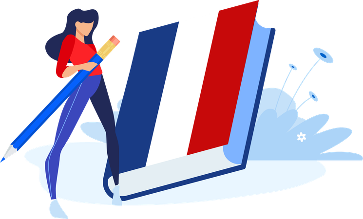 Mädchen steht mit Bleistift und Frankreich-Buch  Illustration