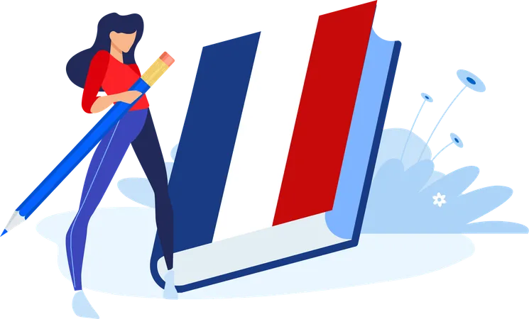 Mädchen steht mit Bleistift und Frankreich-Buch  Illustration