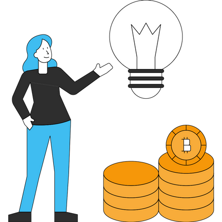 Mädchen steht mit der Idee eines Bitcoins  Illustration