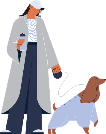 Mädchen steht mit Hund und hält Kaffee  Illustration