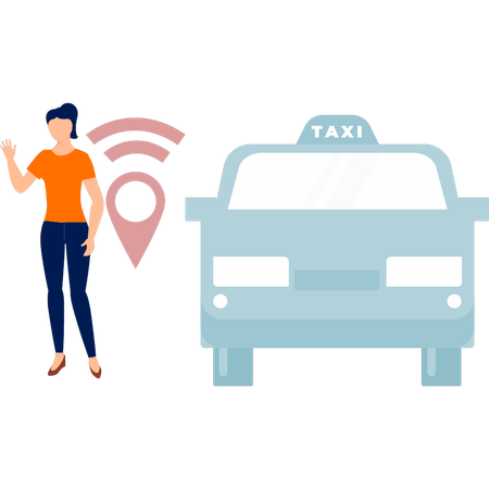 Mädchen steht mit Taxi-Standort-Pin  Illustration