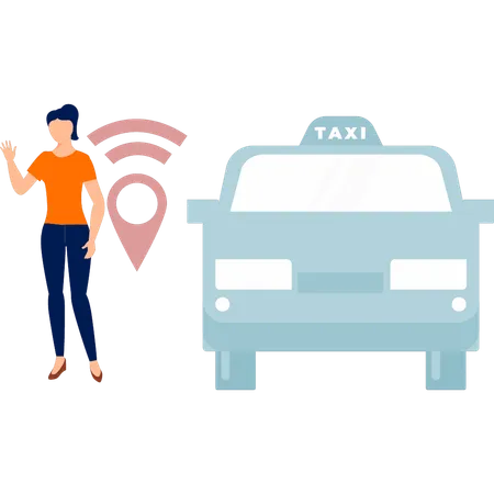 Mädchen steht mit Taxi-Standort-Pin  Illustration