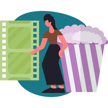 Mädchen steht neben Popcorntüte  Illustration