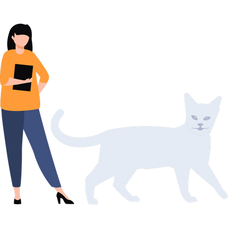 Mädchen steht neben Katze mit Lasche  Illustration