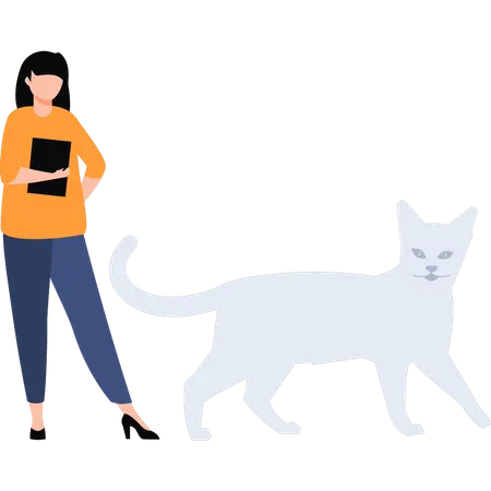 Mädchen steht neben Katze mit Lasche  Illustration