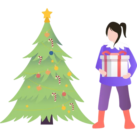 Mädchen steht neben Weihnachtsbaum mit Geschenk  Illustration