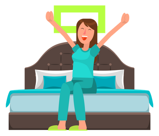 Mädchen streckt sich nach dem Schlafen im Schlafzimmer  Illustration