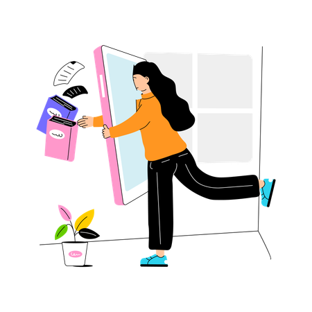 Mädchen sucht Bücher auf dem Handy  Illustration