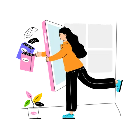 Mädchen sucht Bücher auf dem Handy  Illustration